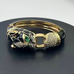 Black Enamel Vintage Panther‎ Door
Knocker Bangle Bracelet Hinged Green Eyes